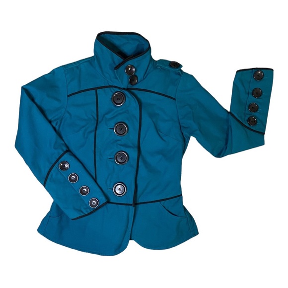 Cute fitted Schwiing Teal Blazer Big Buttons Cuffs Pea Coat Small - Picture 5 of 10